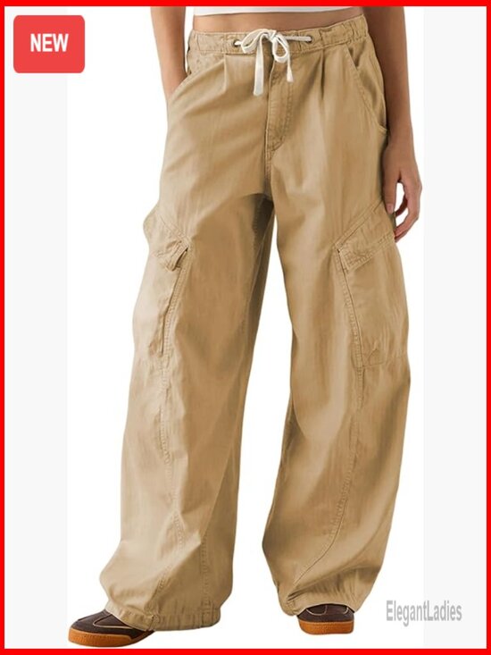 Pants - Wide Leg Barrel Cargo Pants Elastic Waist Cotton Lounge Trousers